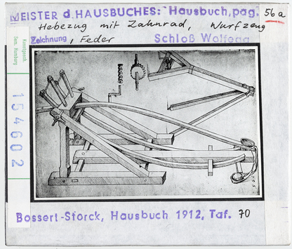 Vorschaubild Meister des Hausbuches: Hebezug mit Zahnrad, Wurfzeug 